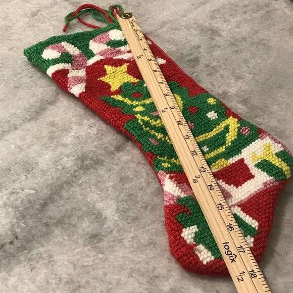 Handmade Needlepoint Christmas Stocking Tree Candy Canes Gifts Red Felt 18 Inch - Picture 7 of 7